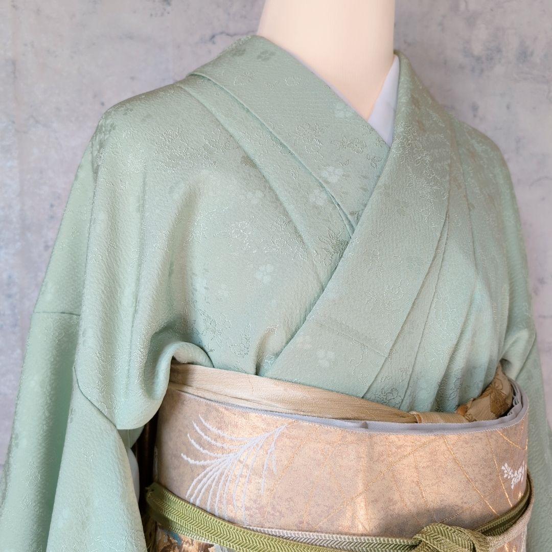 色無地 着物 フルセット 正絹 緑 爽やか シンプル しつけ糸 地紋花柄