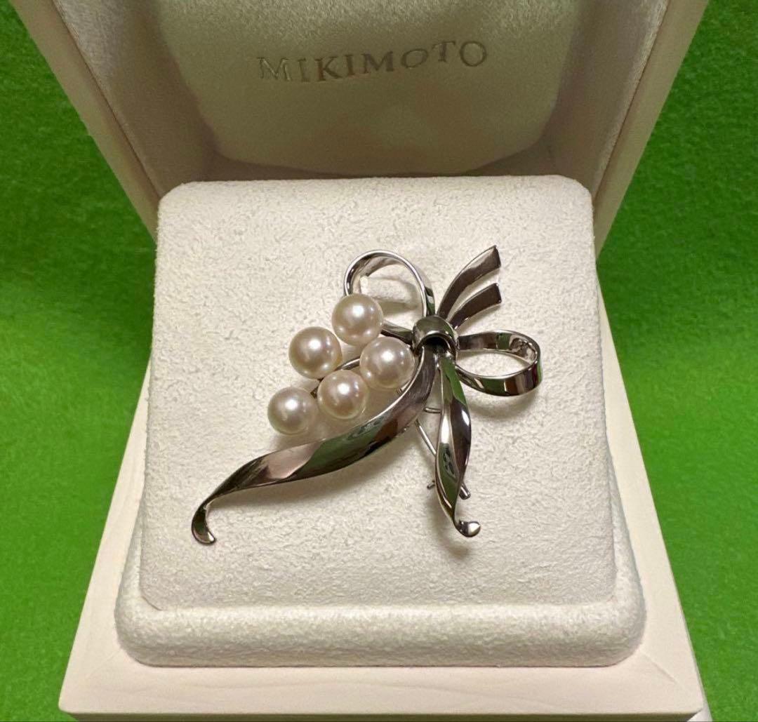 MIKIMOTO ミキモトパールブローチシルバー5珠☆リボンデザイン☆完売