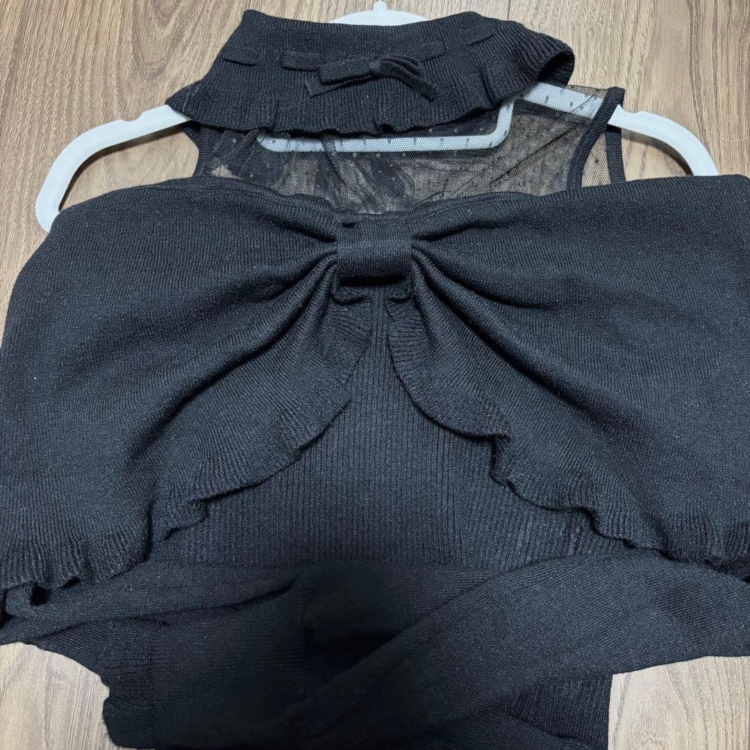 honey mew ハニーミュウ ドットチュール肩あきリボントップス ブラック