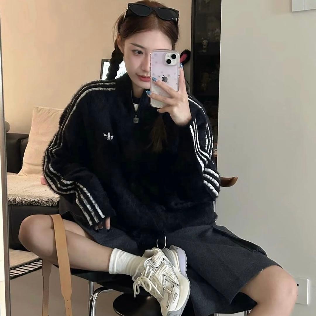 希少XS⭐️adidas フェイクモヘヤ クラシック トラックトップ 黒 ぴょ
