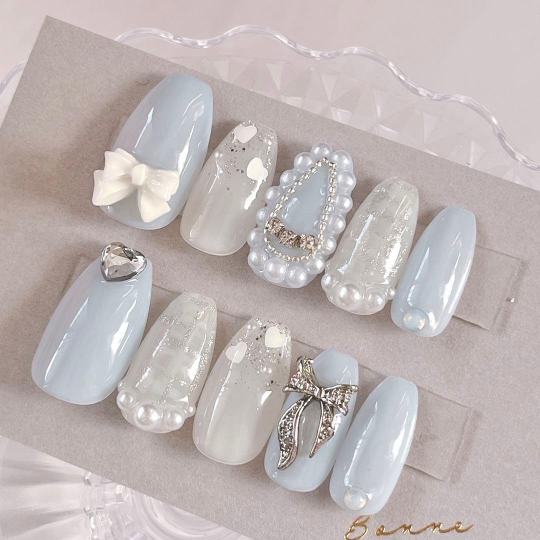 オーダー◇ネイルチップ 水色 フレンチガーリー 量産型 ツイード 韓国