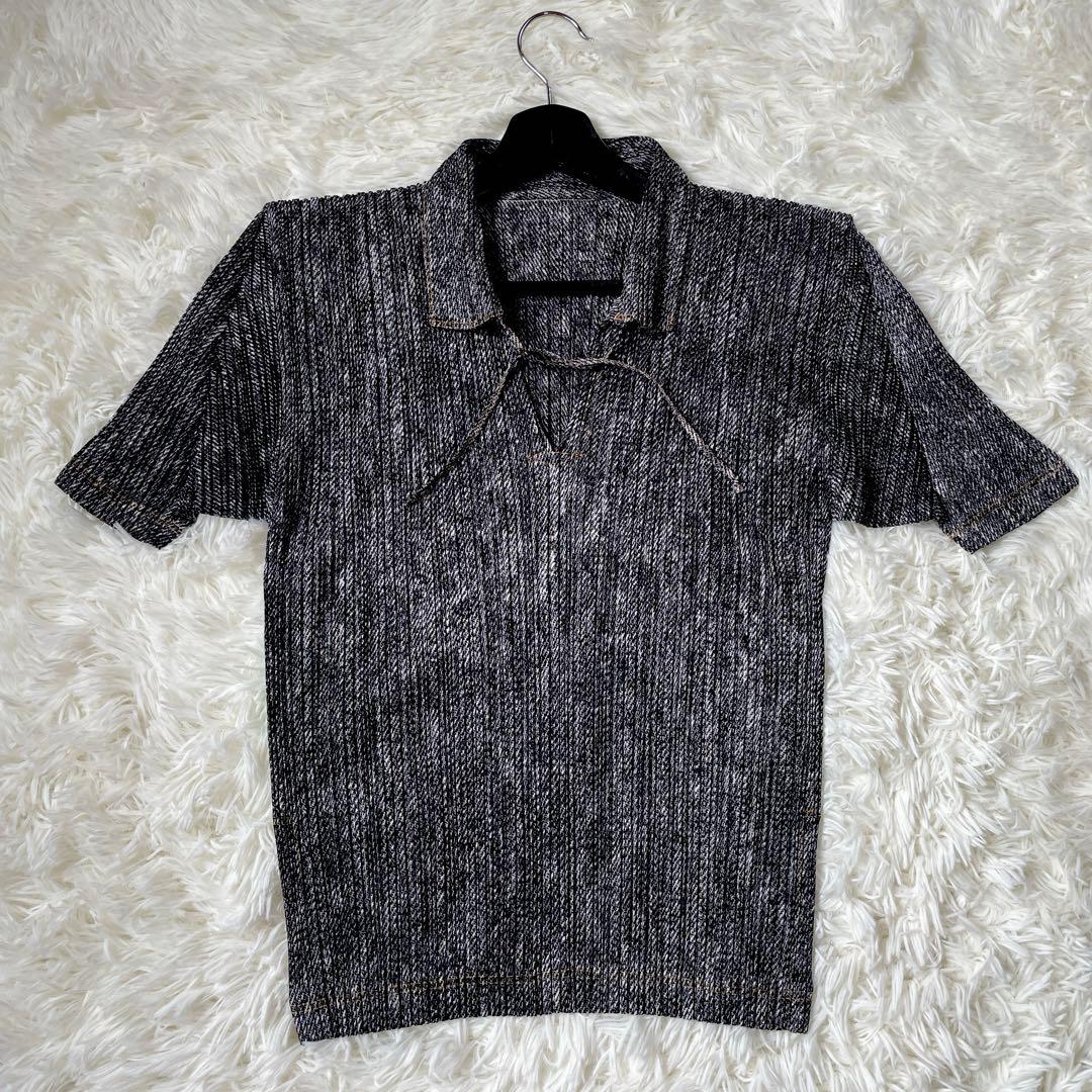 イッセイミヤケ PLEATSPLEASE デニム転写　変形　プリーツ　トップス PLEATS PLEASE ISSEY MIYAKE デニム転写プリント プリーツ トップス