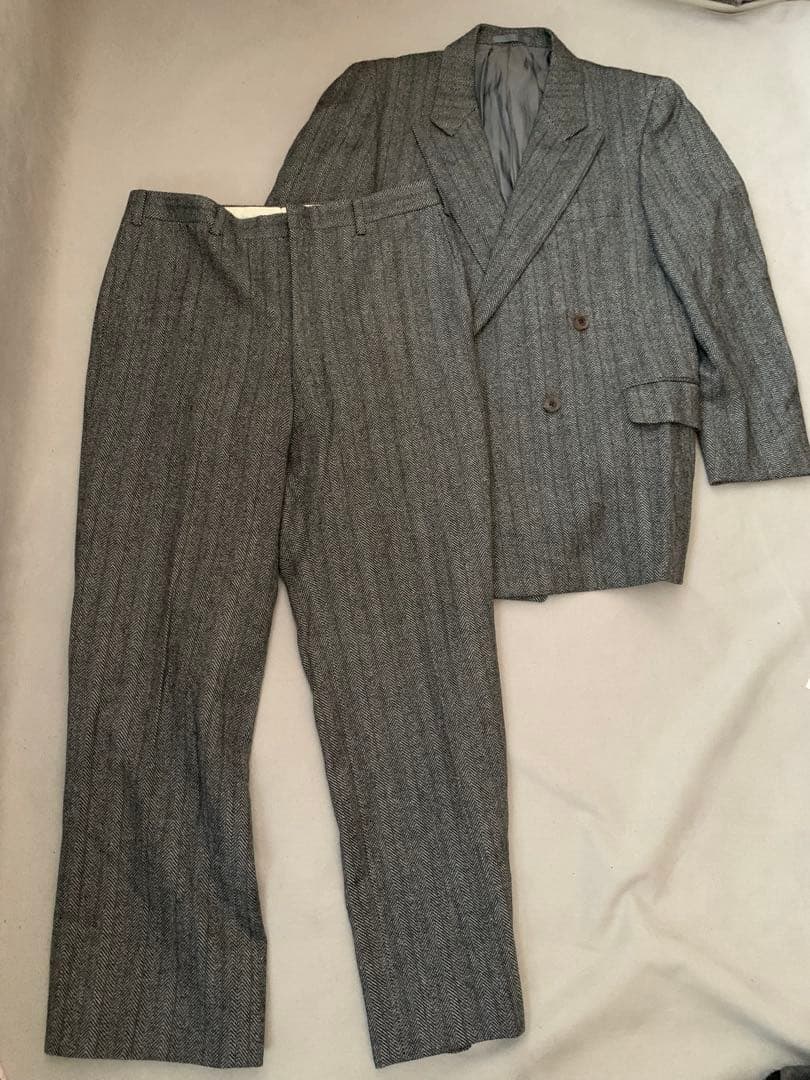 Burberry‘s ヘリンボーン　ダブル　セットアップ　ネームあり　Lサイズ BURBERRY】バーバリー “WOOL100%”ダブルセットアップ：スーツ grey