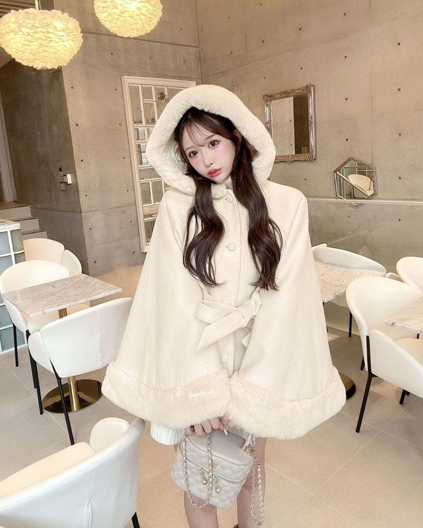 Cheri mi シェリミー フードファーリボンポンチョ コート ケープコート