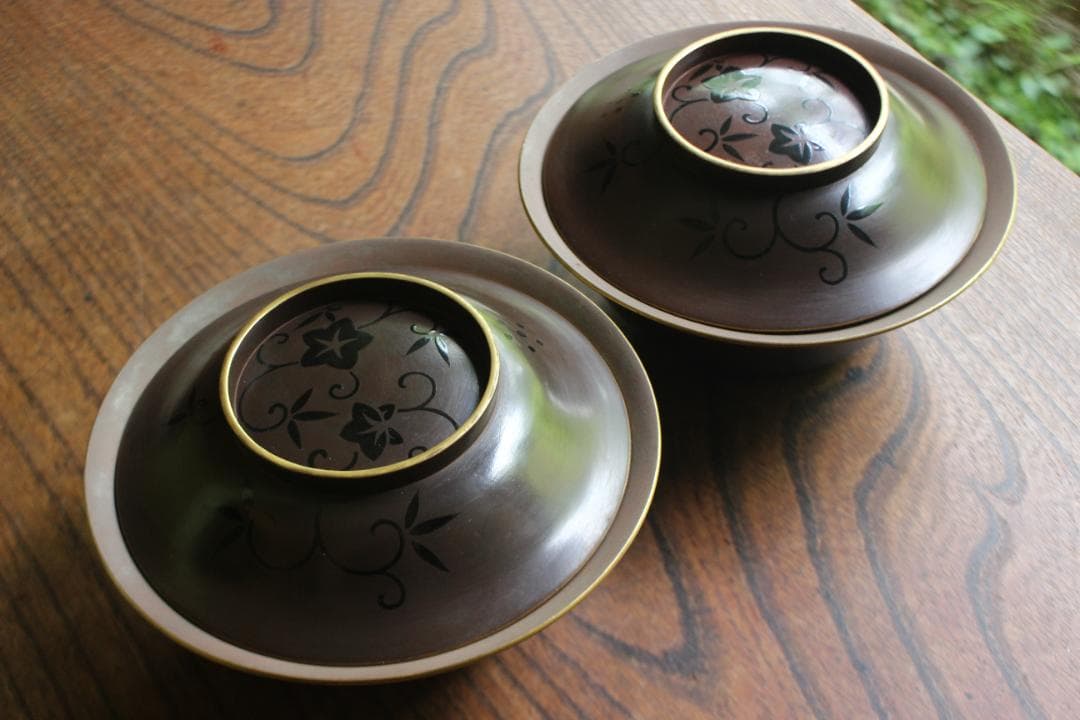 時代逸品！極上内銀栗色地に風情ある花唐草闇蒔絵の大椀2点（検輪島塗