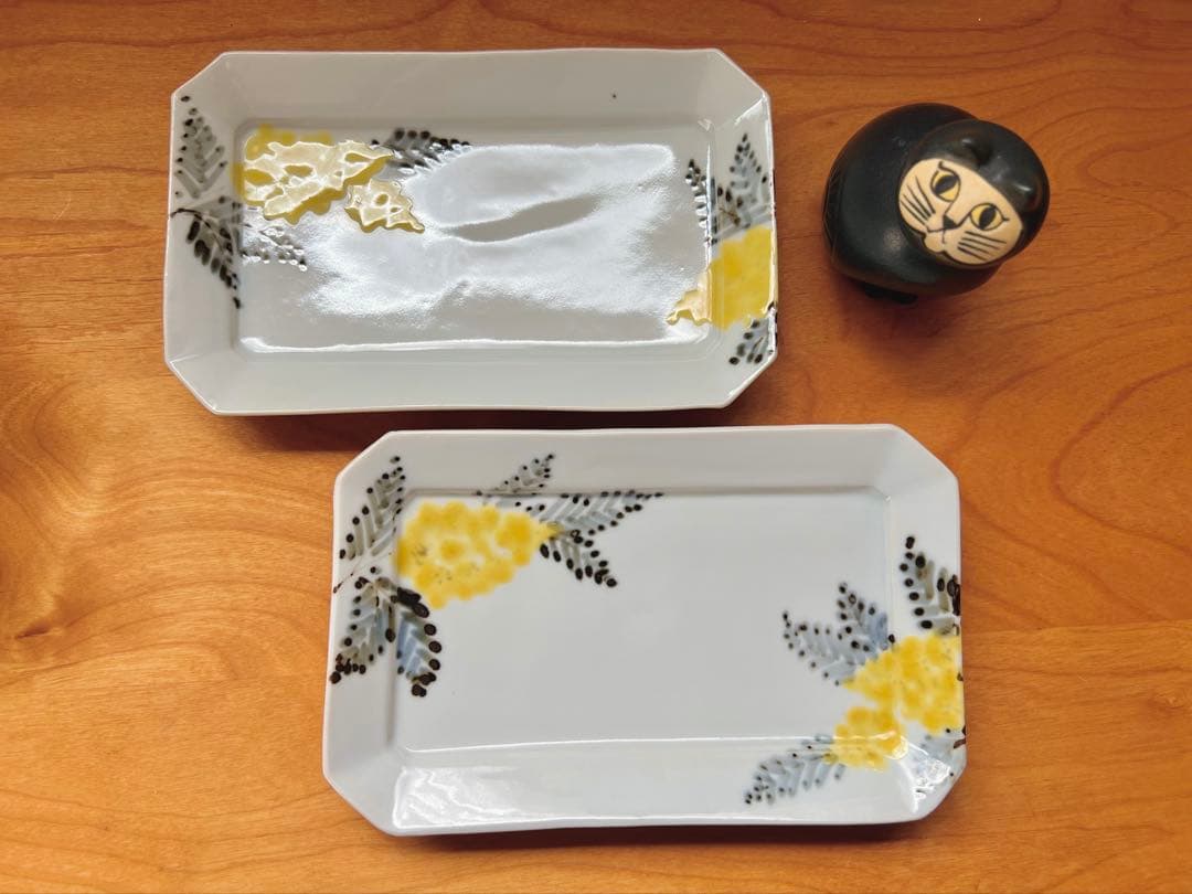 九谷焼 九谷青窯 横井佳乃 色絵ミモザ 隅切長皿 くたにせいよう sy231024_1_1.jpg