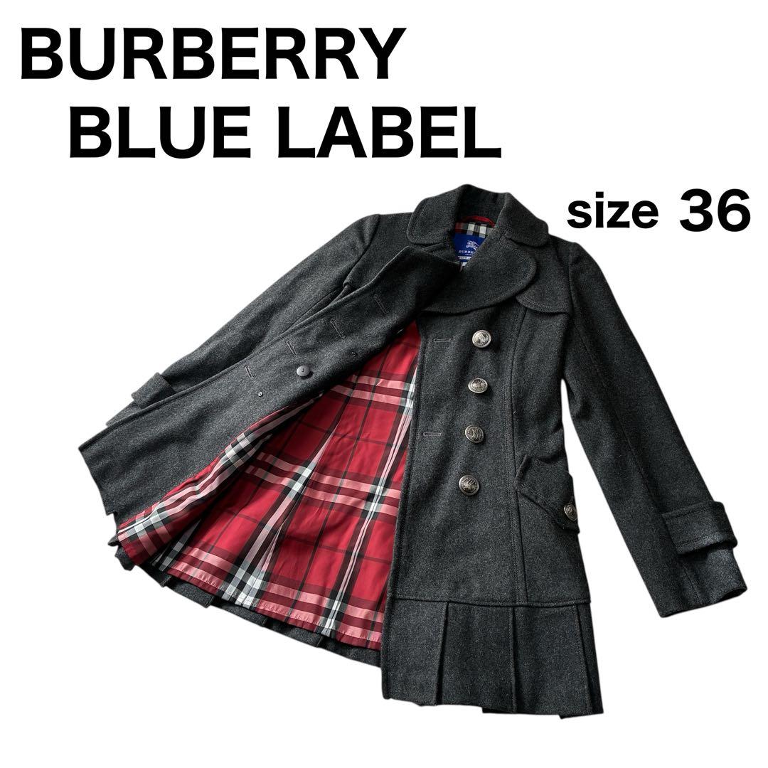美品 バーバリーブルーレーベル ピーコート シルバーボタン グレー ノバチェック 極美品 カタログ掲載 バーバリーブルーレーベル ひなの着 プリーツ