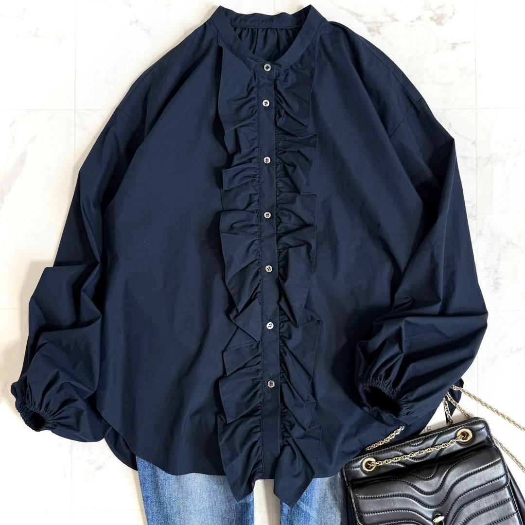 【新品】ジャーナルスタンダードレサージュ スタンドカラーフリルシャツ ネイビー ジャーナルスタンダード レサージュ JOURNAL STANDARD L'ESSAGE