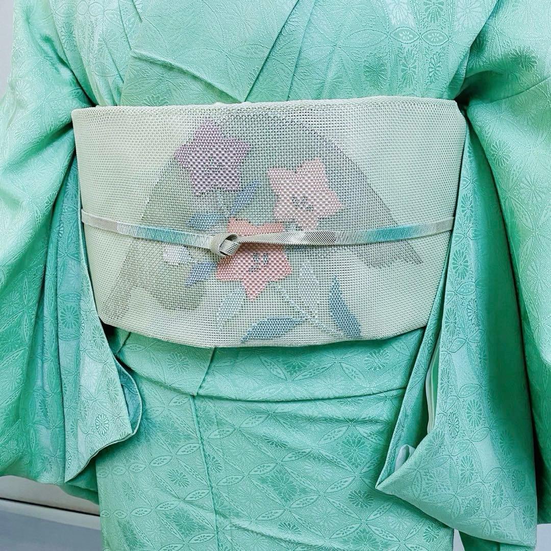 美品 単衣 正絹 紋付 色無地 フルセット 七宝に花菱地紋 西陣唐織袋帯