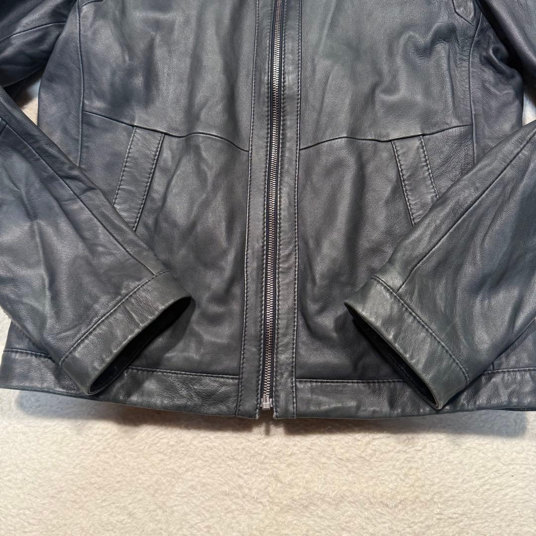 希少カラー ネイビー系 ヒューゴボス シングルライダースジャケット 羊