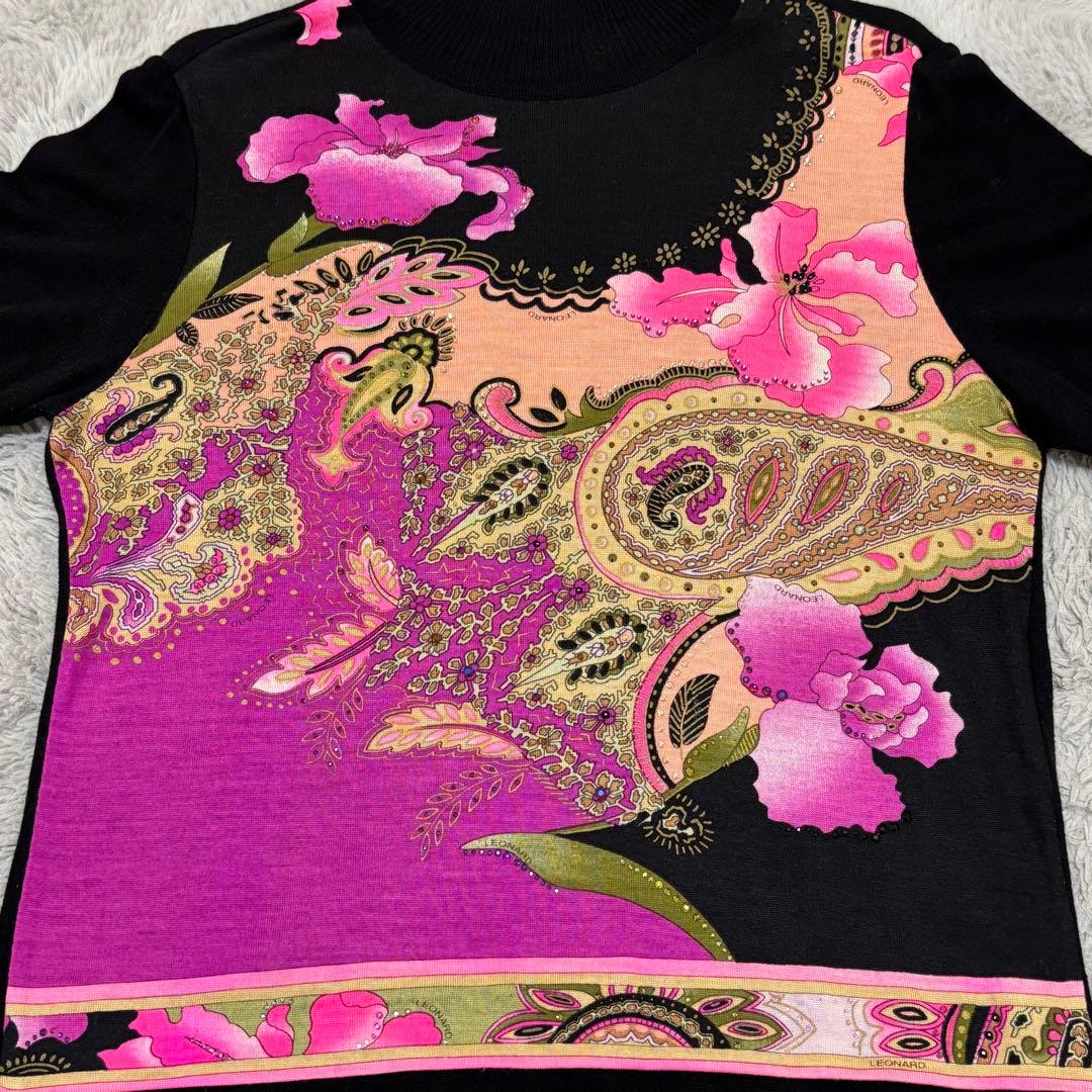 LEONARD レオナール ハイネック カシミヤ 半袖 ラインストーン M 花柄