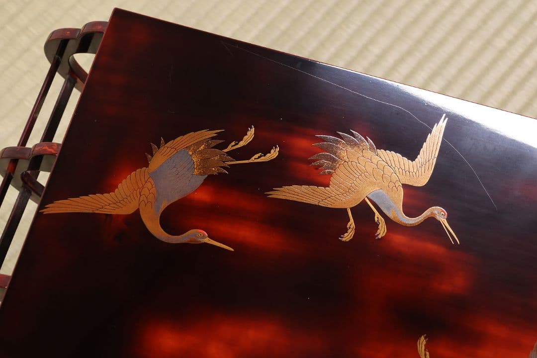 時代 漆芸 鶴図 金銀蒔絵 曙塗 八足 二段卓 木製 花台 銀露【MA661