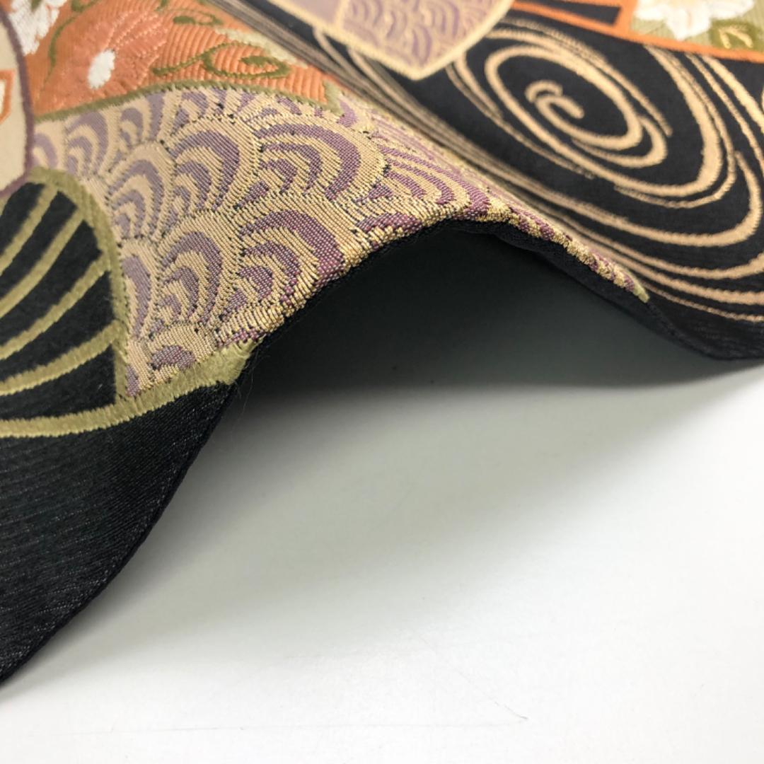 袋帯 流水 扇面 亀甲 七宝 花模様 黒色 金糸 O-5228