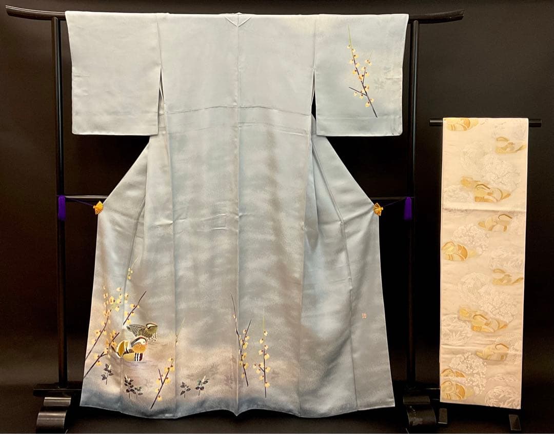 人間国宝 羽田登喜男作 落款印入り 叩き染二羽の鴛鴦訪問着と袋帯の