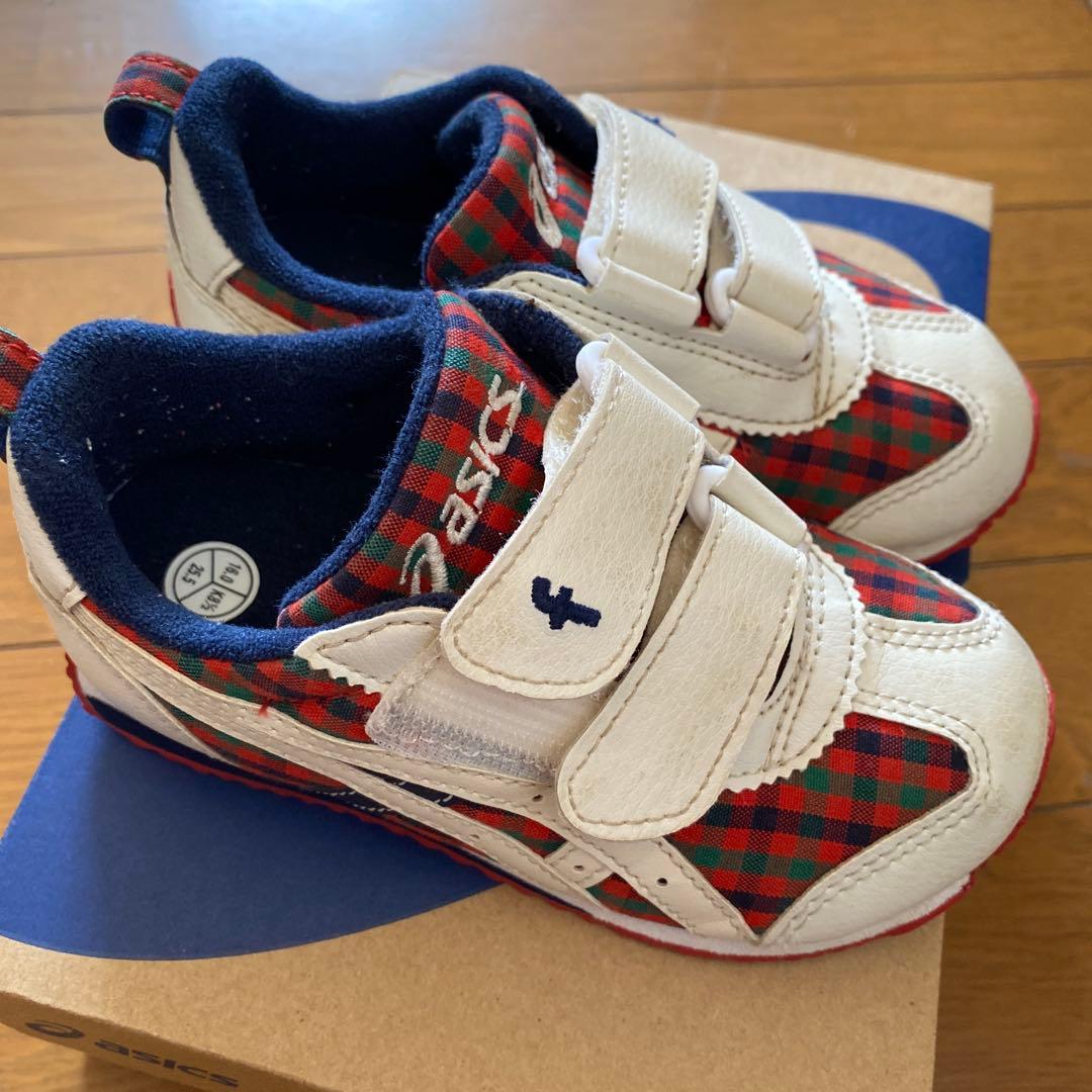 16cmファミリア アシックス キッズ スニーカー 赤チェック asics