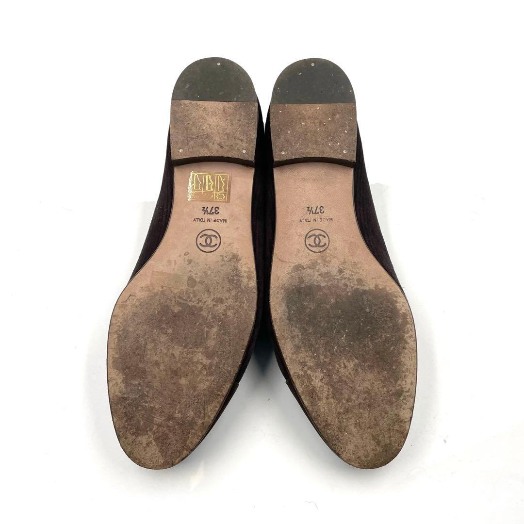《超美品》シャネル ココマーク フラットパンプス バレエ ストライプ柄 茶系