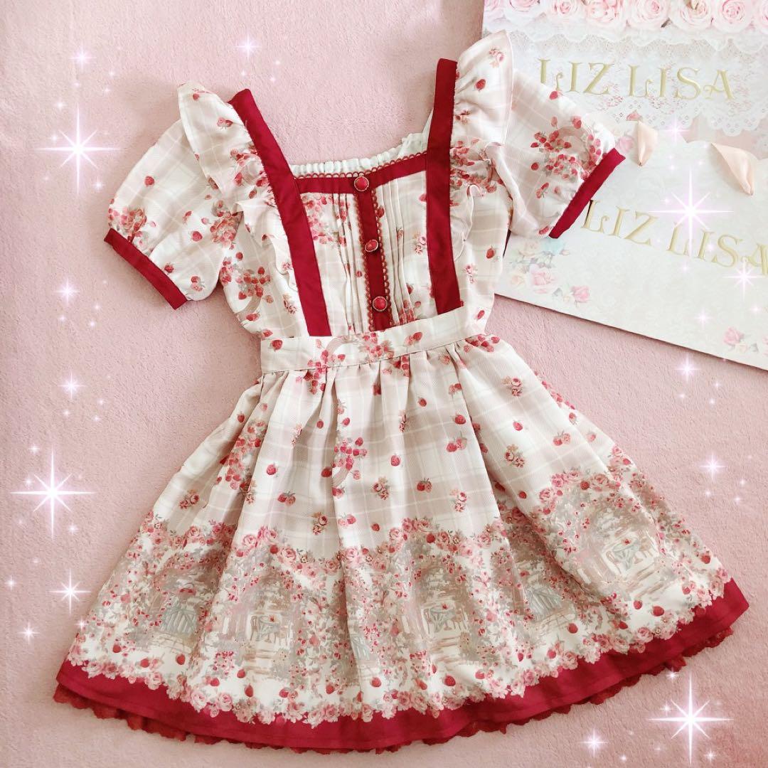 ☆リズリサLIZLISA☆エプロン風デザイン☆木苺柄ワンピース☆ボルドー