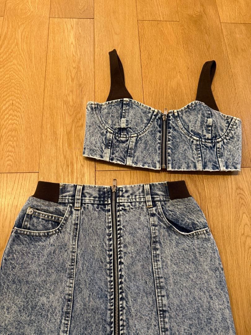 AMERI RIB MIX DENIM BUSTIER AND SKIRT - メルカリ