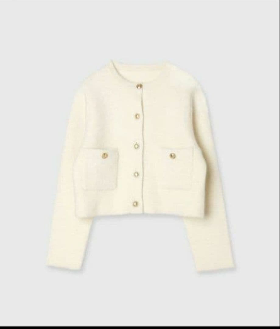 anuans ラクーンブレンドノーカラーニットジャケット アイボリー