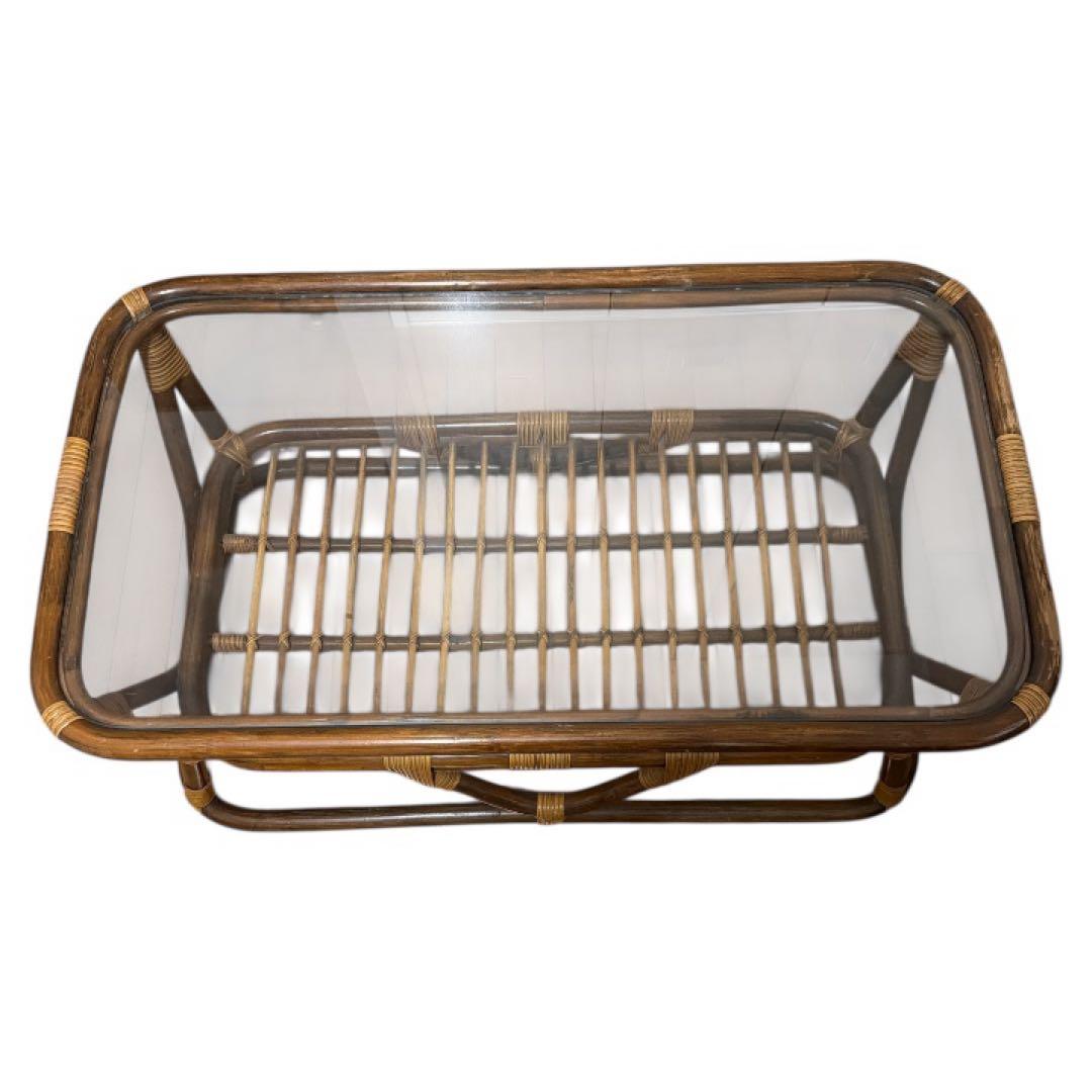 ヴィンテージ】 ラタン 籐 ガラス テーブル 昭和レトロ - メルカリ