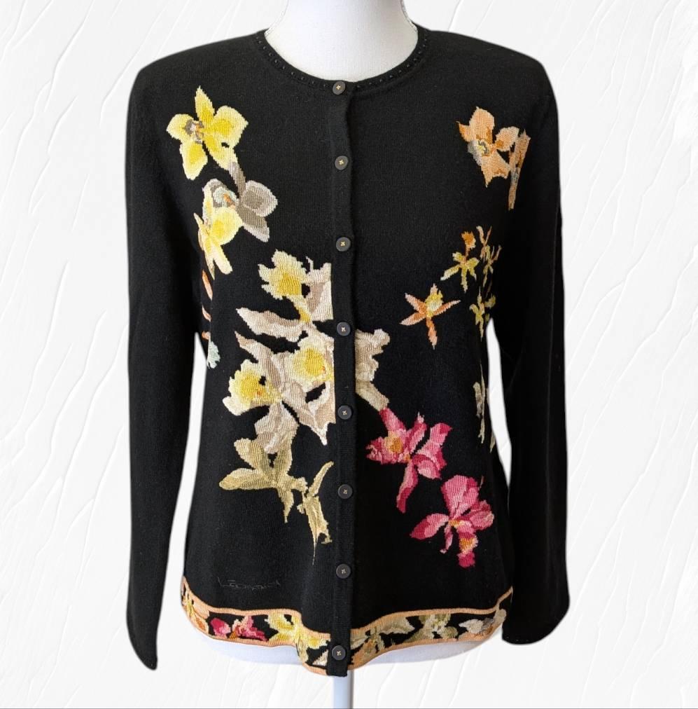 LEONARD レオナール 花柄 カシミヤ混 カーディガン ＬＬ ☆美品☆LEONARD/レオナール＊トリム 花柄 カンカン カーディガン LL