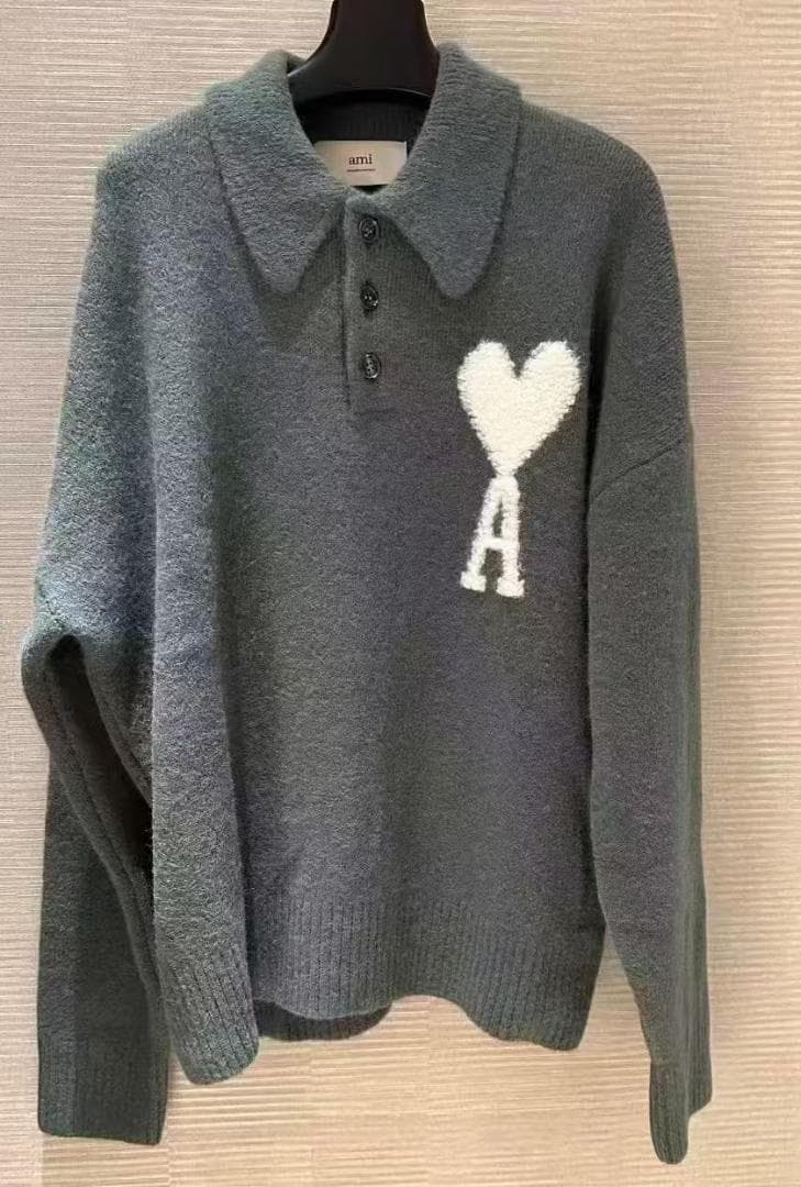 AMI グレー ポロシャツ ニット ハート刺繍 - メルカリ