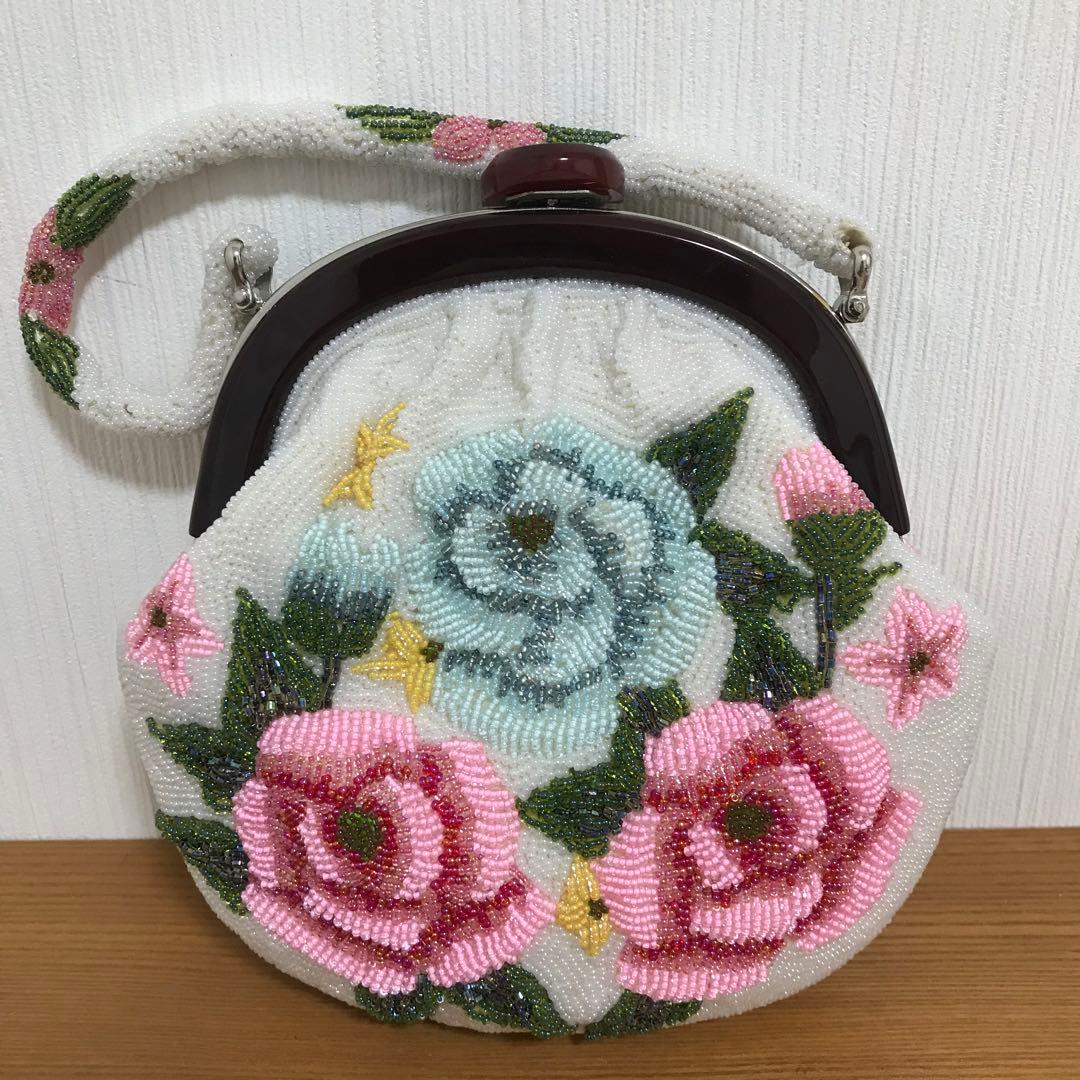 和装 総ビーズバッグ 昭和レトロ 花柄 ハンドバッグ ガマ口 - メルカリ