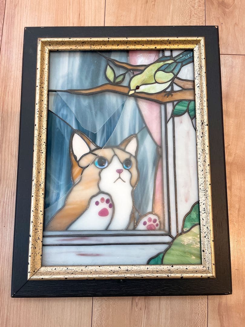 Toto garden 剱持敬子さん作　猫のステンドグラス　額付　（破損あり） ハロウィーンのステンドグラス