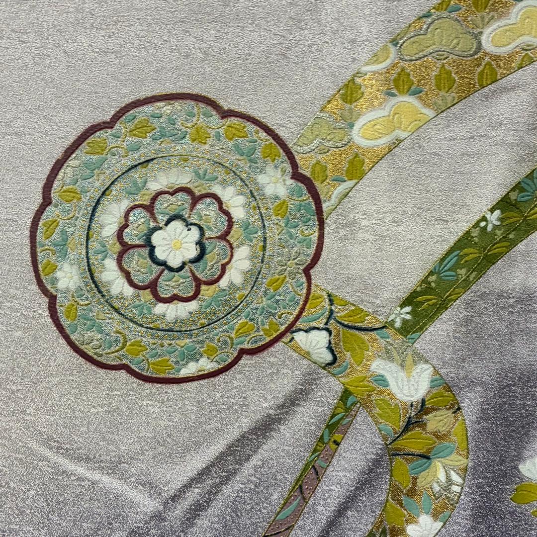 D305 訪問着 華文 花模様 グレー 正絹 着物 袷 しつけ糸付き未使用極美