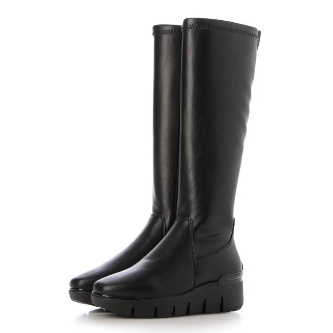 ブソラ本革ロングブーツ 厚底 ジッパー付き23.5 bussola ブソラ HOKKAIDO 本革 厚底ストレッチロングブーツ （ブラック