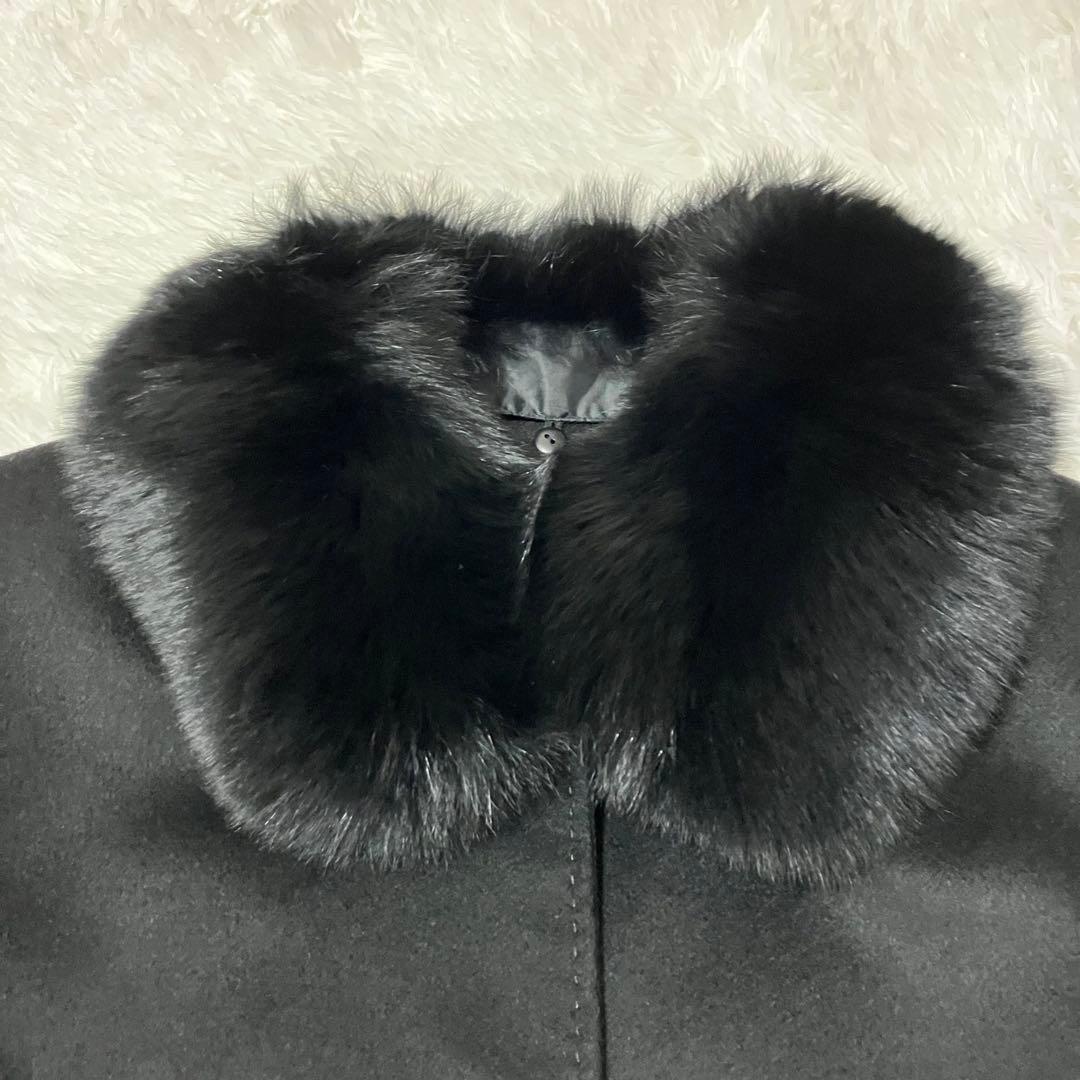 カシミア100％ロングコート ブルーフォックスファー付 ブラック 黒 未