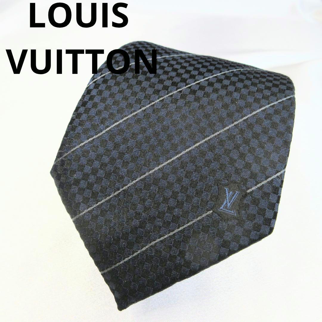 ルイヴィトン　マイクロダミエ　LVロゴ　ストライプ　紺×黒　ネクタイ 極美品 箱付き ルイヴィトン LOUISVUITTON ネクタイ ダミエ マイクロ