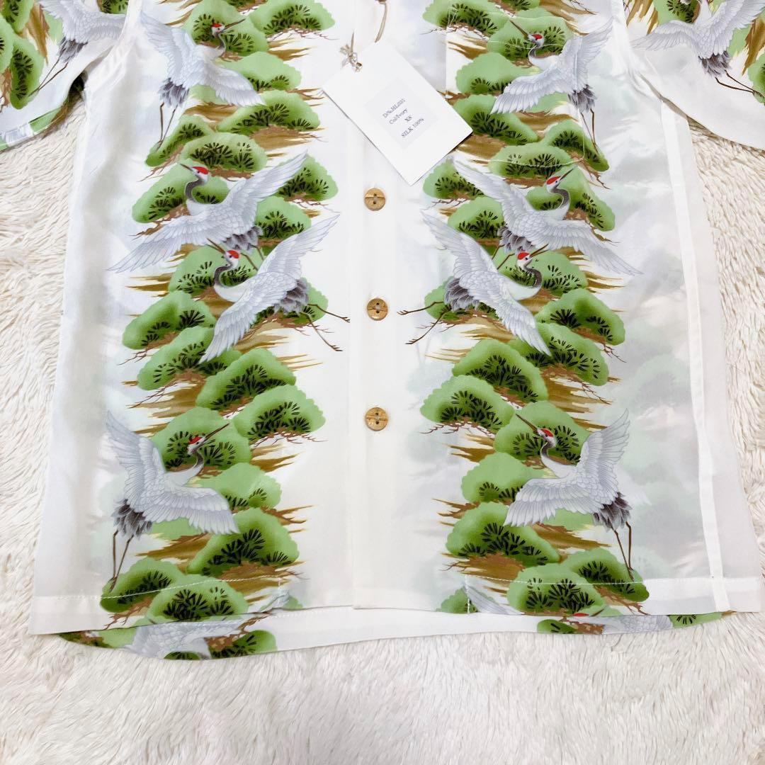 新品タグ付き Fukuwauchi シルク アロハシャツ フクワウチ 鶴 和柄