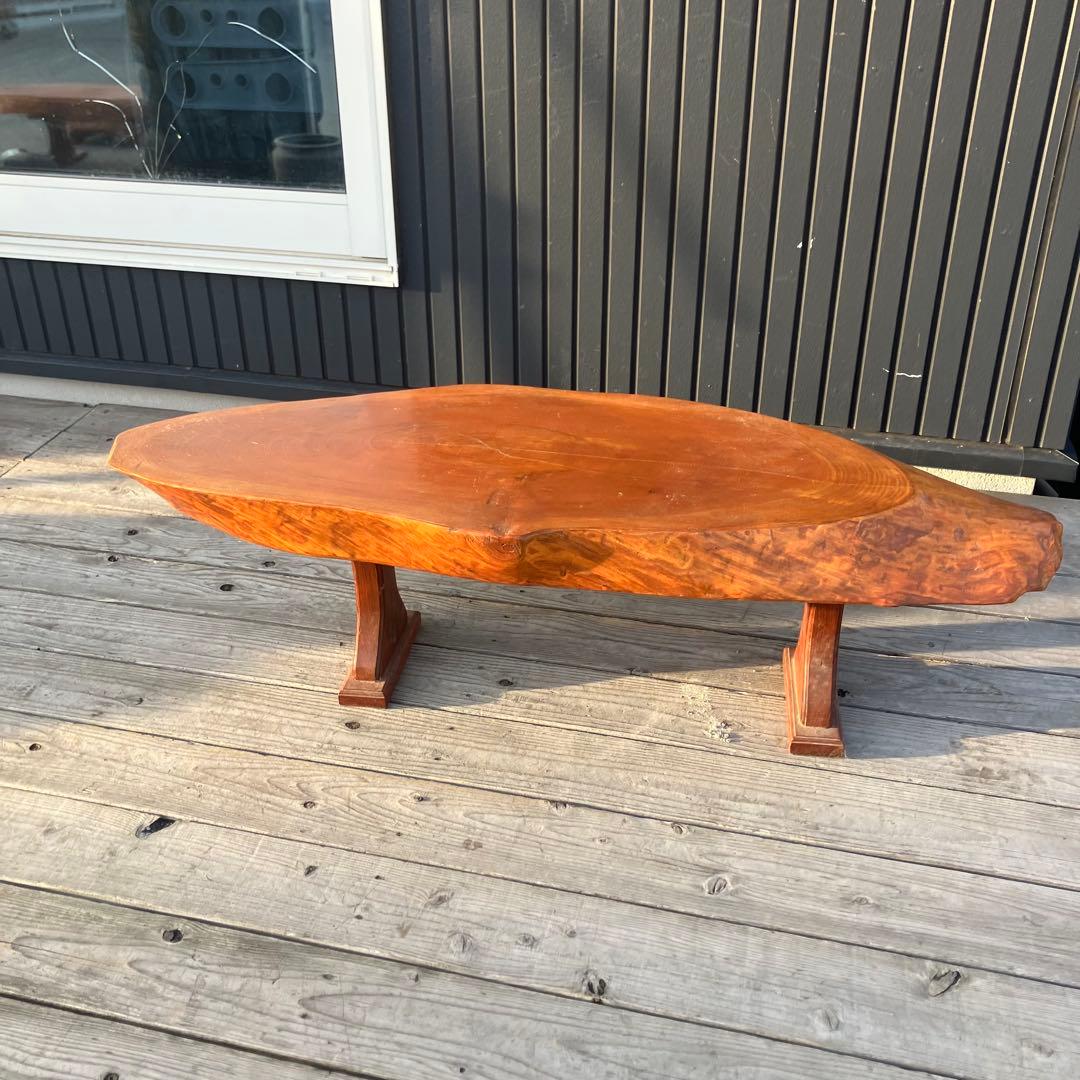 ①昭和レトロ 木製 天然木 欅材 一枚板 脚付き 座卓 センターテーブル
