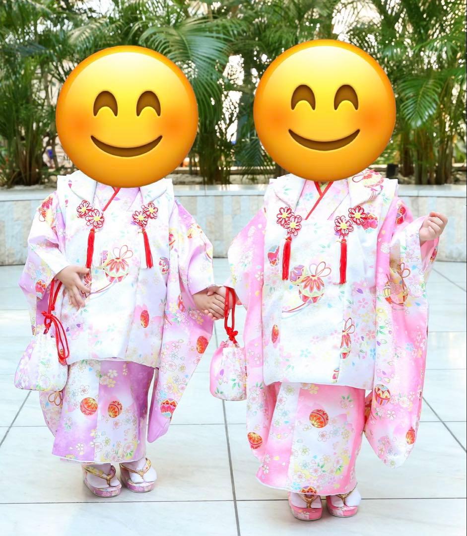 双子用2点セット　七五三 ３歳 女の子 着物　被布付フルセット 七五三 着物 3歳 フルセット 女の子 ブランド 小町 「水色地 ねじ梅と