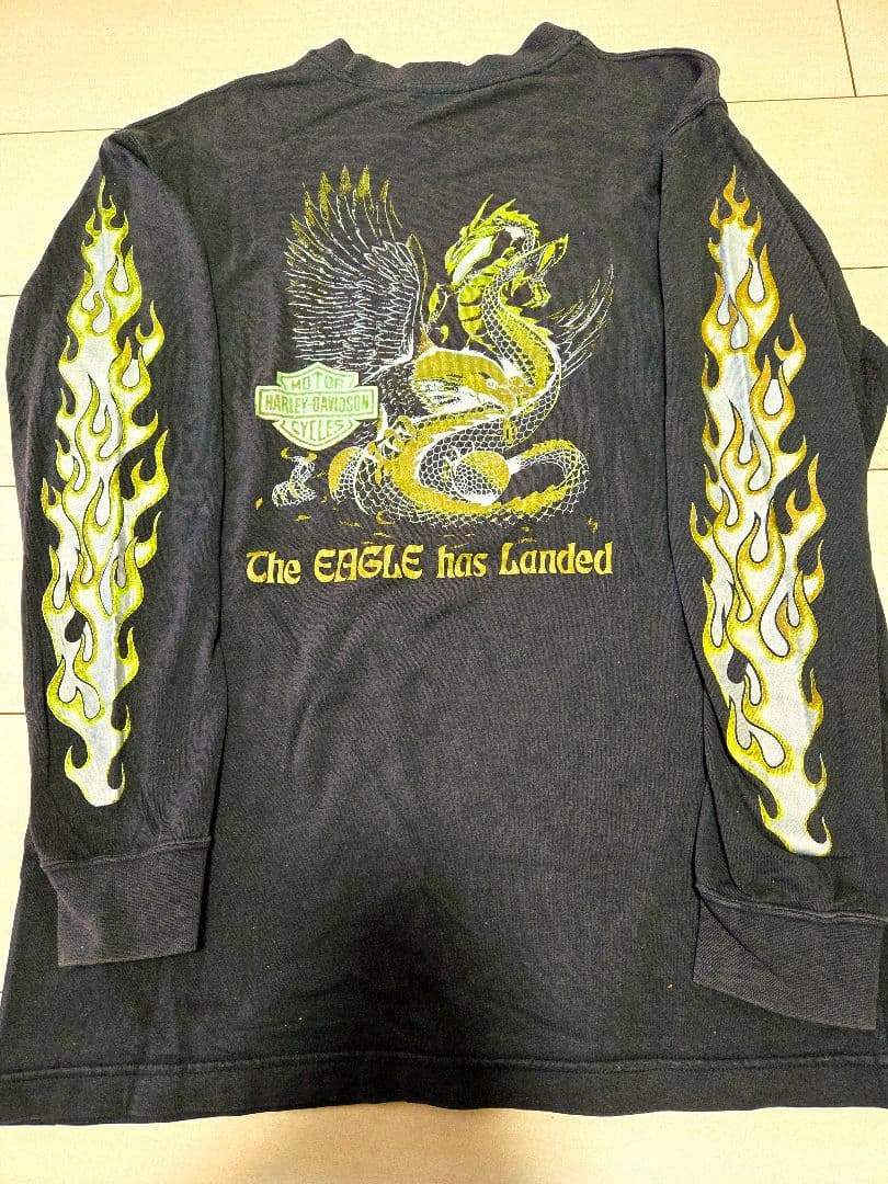 激レアイエローフレイム！Harley-Davidson 長袖カットソー ドラゴン 激レア 80s ハーレーダビッドソン ビンテージ ロンTシャツ ドラゴン