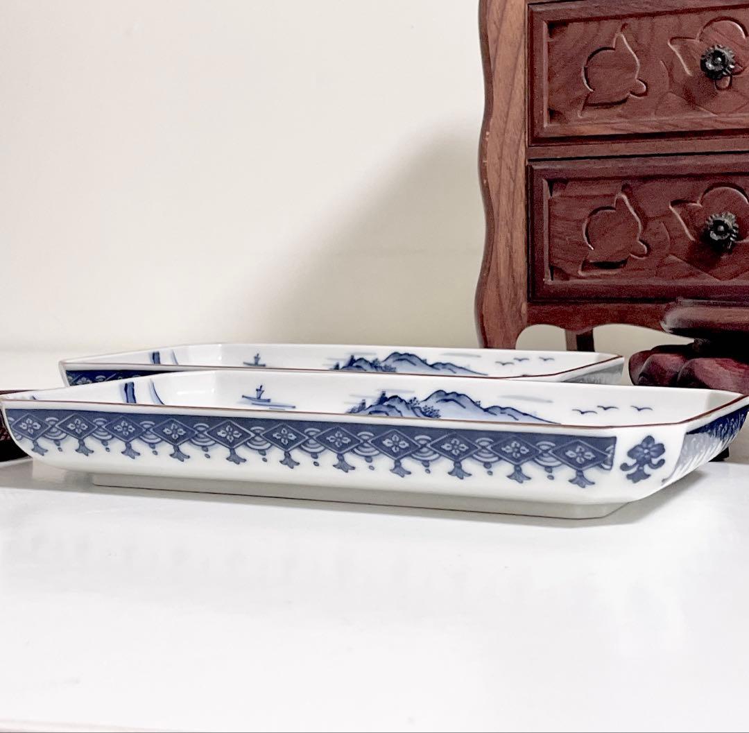 美濃焼 前畑陶器 庫山窯 染付山水 角皿 長皿 2枚 - メルカリ