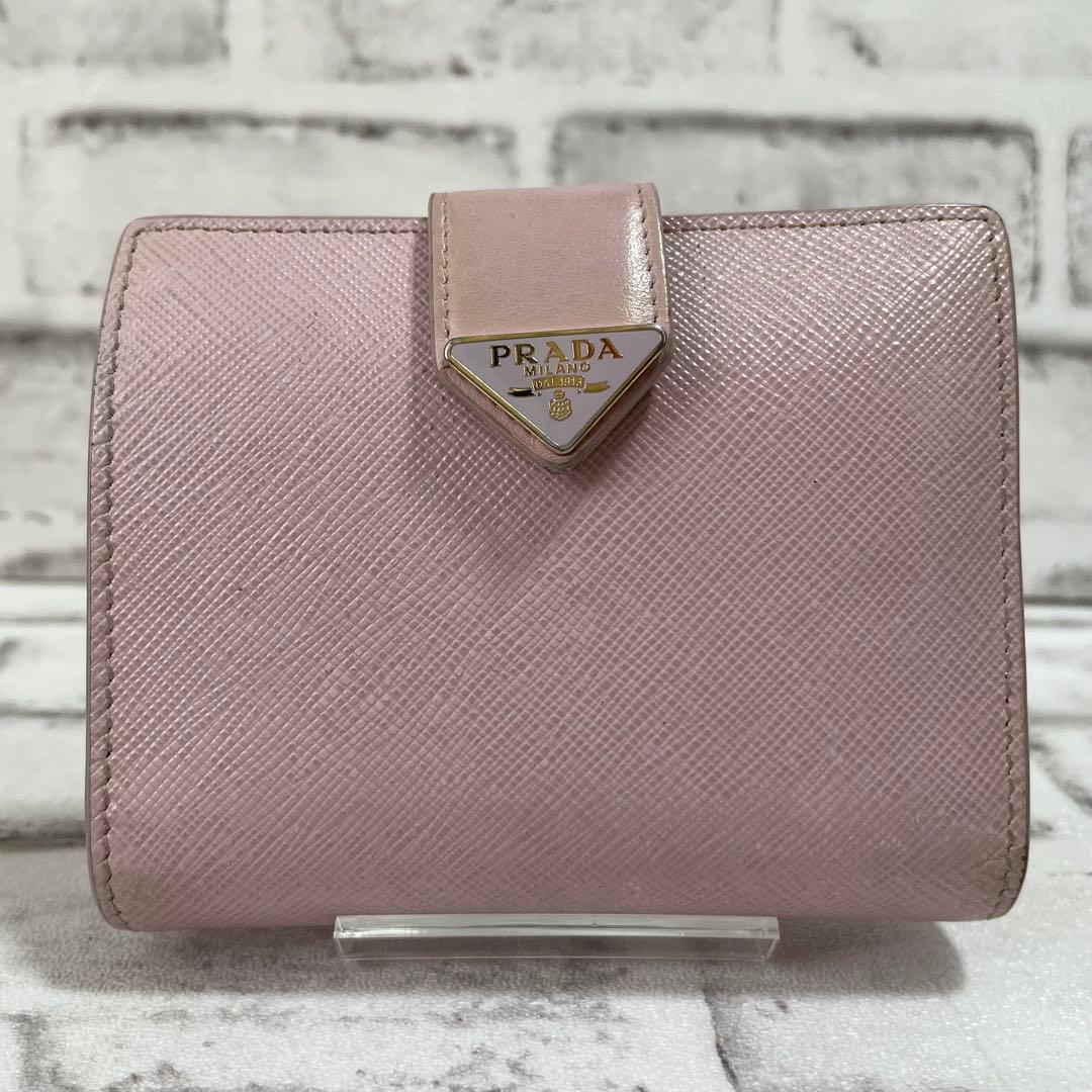 美品・現行✨プラダ 二つ折り財布 三角ロゴ サフィアーノレザー ピンク