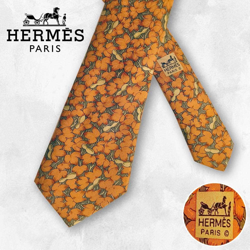 HERMES エルメス シルク ネクタイ オレンジ 総柄 花柄 リーフ - メルカリ
