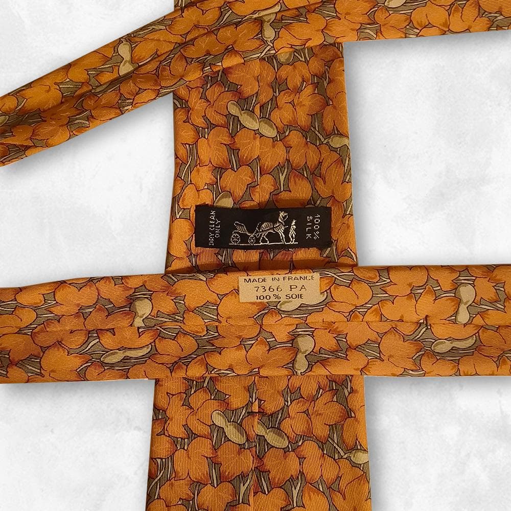 HERMES エルメス シルク ネクタイ オレンジ 総柄 花柄 リーフ - メルカリ