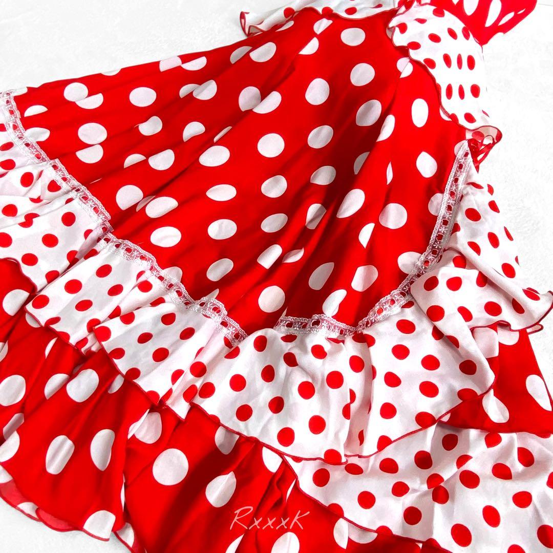 フラメンコ ドレス 衣装 ツーピース セットアップ 水玉 ドット 赤 白