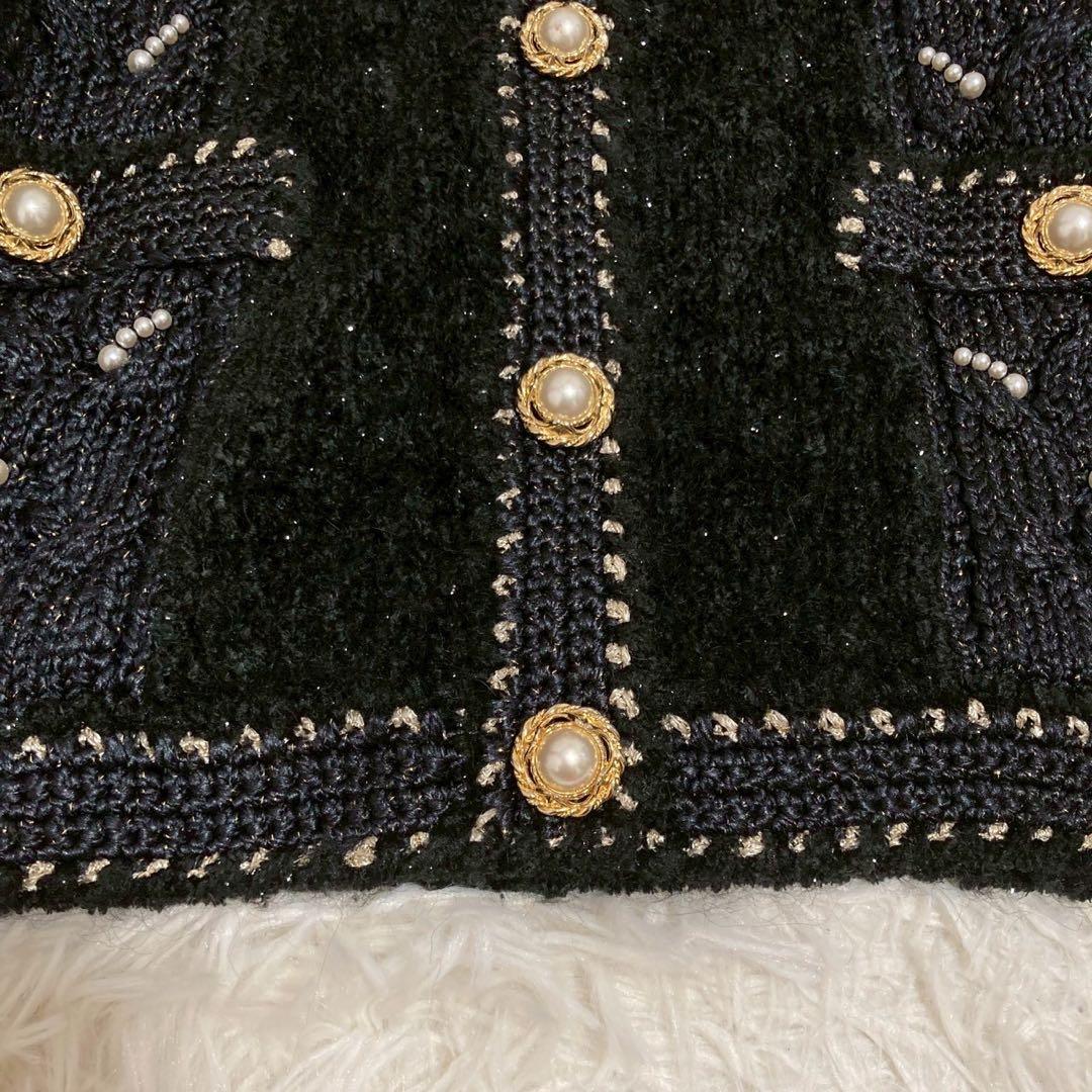 《良品》Leilian パール付きニットカーディガン ブラック 9号 フォーマル