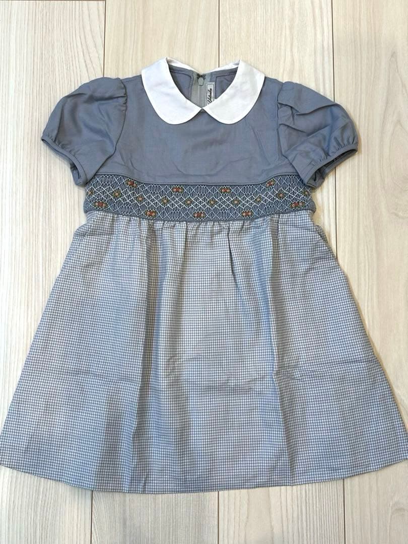 よつば 半袖ワンピース 100 受験 冠婚葬祭　千鳥格子 スモッキング刺繍 よつば 半袖ワンピース 100 受験 冠婚葬祭 千鳥格子 スモッキング刺繍