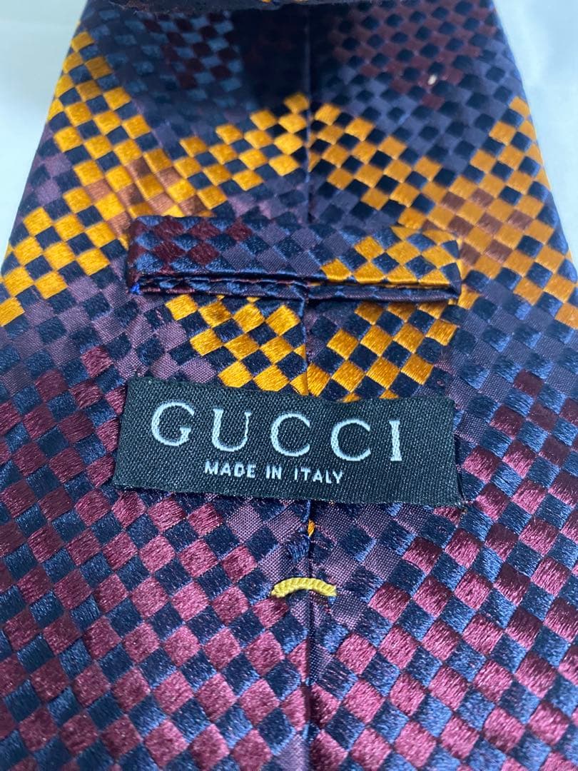 美品 GUCCI グッチ ネクタイ チェック柄 ボルドー ネイビー イエロー