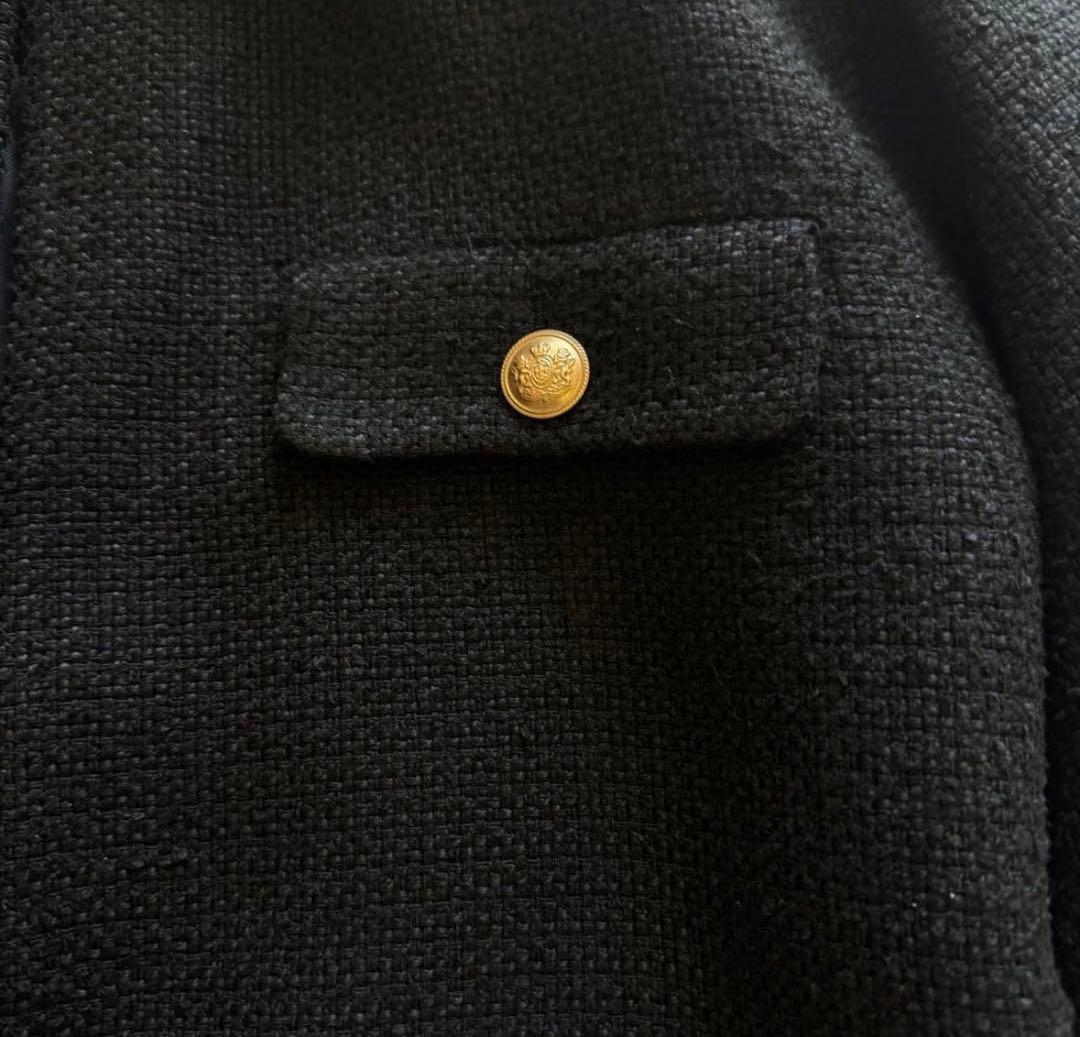 ミラオーウェン ツイード ノーカラージャケット 金ボタン 黒