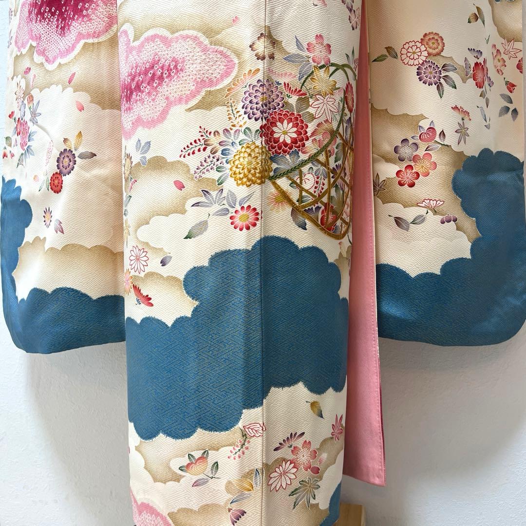 446 振袖フルセット 正絹 岩田専太郎 金彩 駒刺繍 絞り クリーム 青 紫