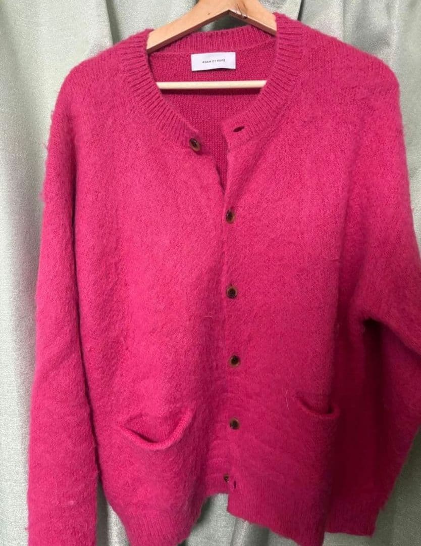 アダムエロぺ オーバーサイズクルーネックモヘアカーディガン ピンク