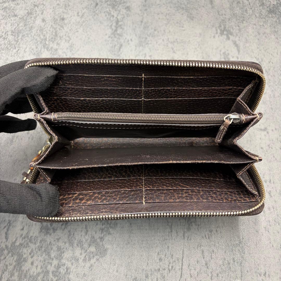 美品 グッチ レオパード シマ ラウンドジップ 長財布 茶 バンブー