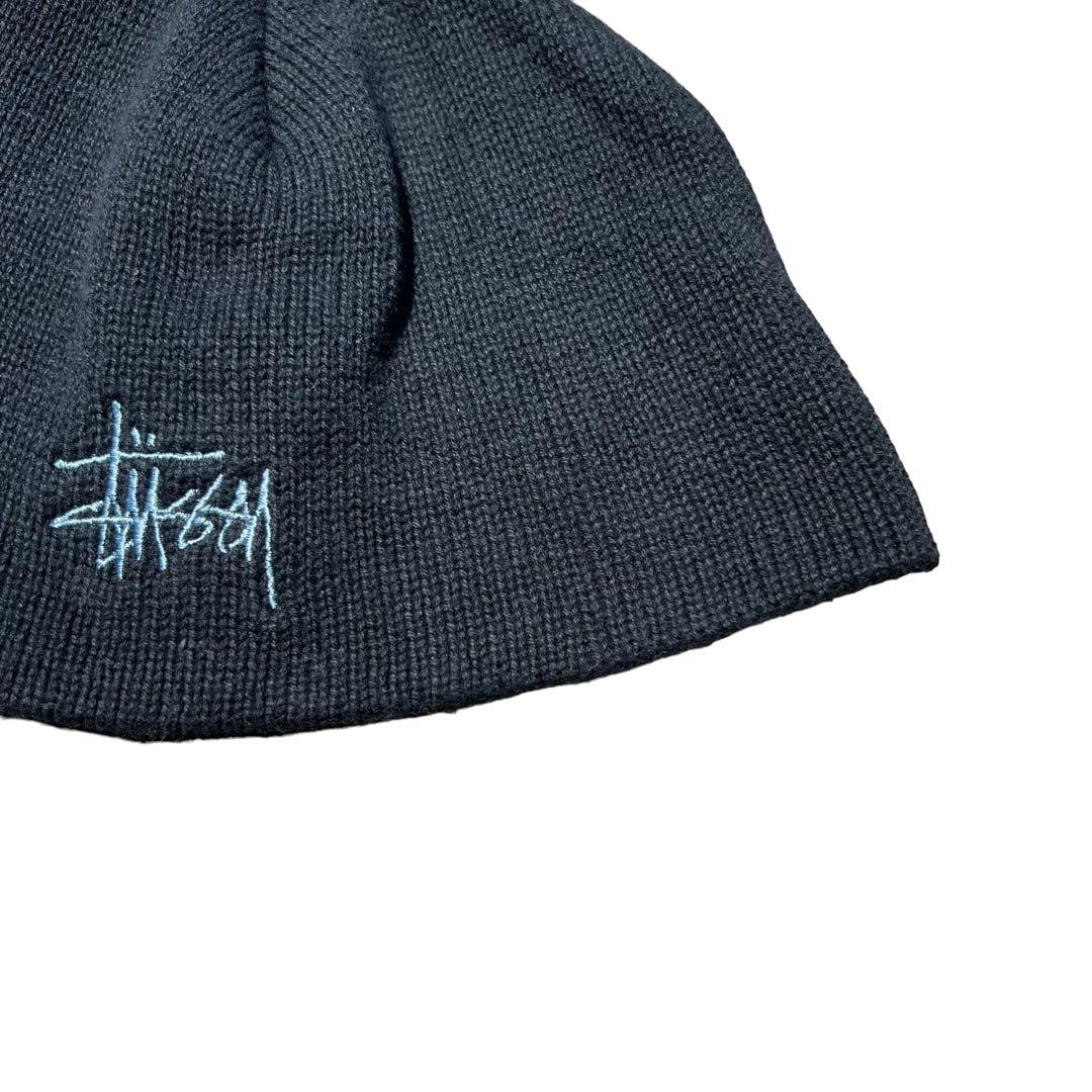 90s】OLD stussy ニット帽 ビーニー 黒タグ 刺繍ロゴ 折り目なし