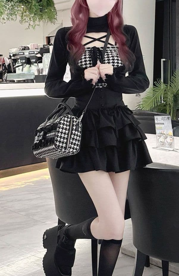 専用　2着　ハニーミュウ　千鳥柄ハイネックアンサンブルトップス　量産型　地雷系